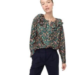 J. Crew Collection Womens Silk Twill Ruffle Collar Blouse Mushroom Floral M New